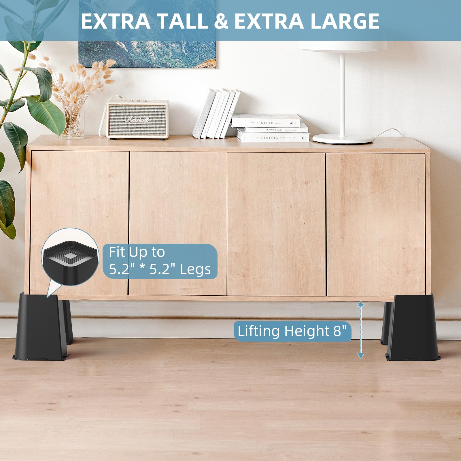 USION Rialzi per letto da 20 cm, resistenti, a forma di L, ampia apertura, extra large, alzate per mobili fino a 2,3 kg, per telaio del letto, tavoli, divani, confezione da 4, nero