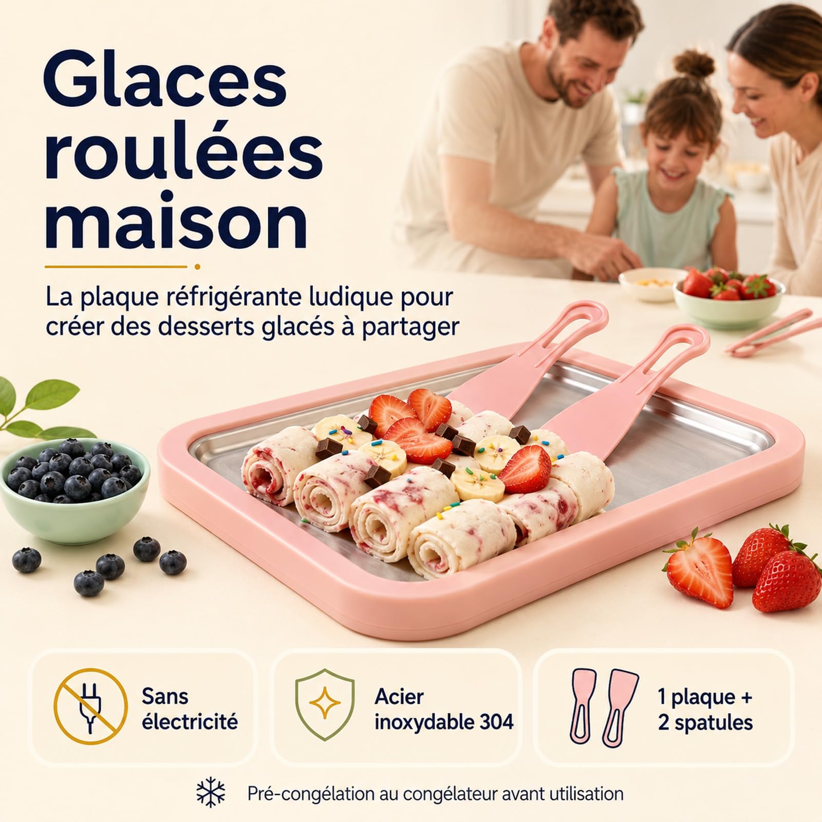 Frostlab - Kit De Plaque À Glaces Roulées Maison, Appareil De Dessert Glacé Sans Électricité, Activité Gourmande Diy, Inclut 1 Plaque + 2 Spatules (Blanc)