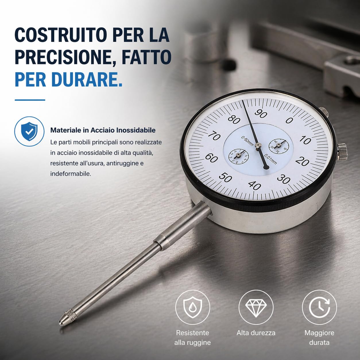 Ausla Indicateur de Test de Cadran de 0,01 Mm, Gage de Cadran Mécanique de la Plage de 0 à 50 Mm pour L'usinage Précis