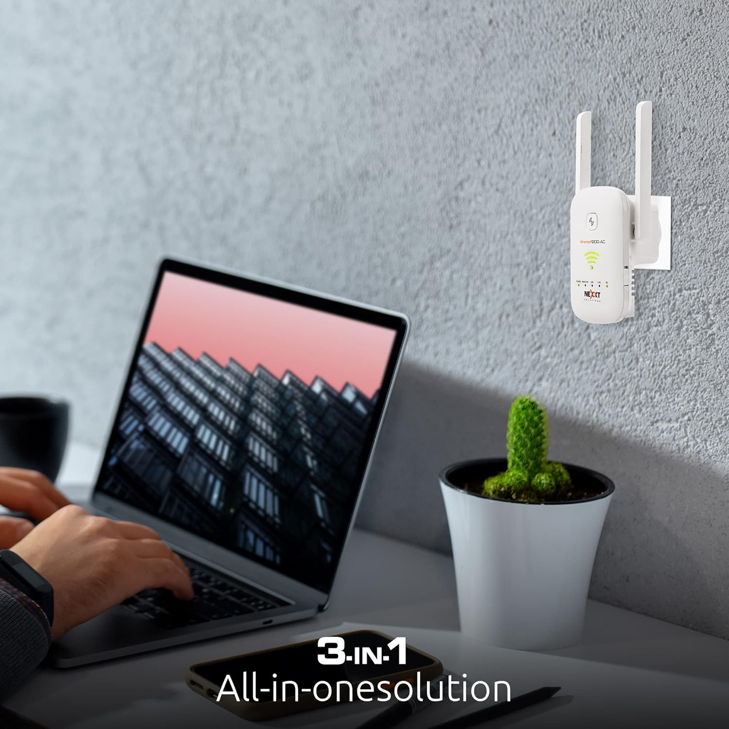 Close-up of the extender showing LED indicators and WPS button.