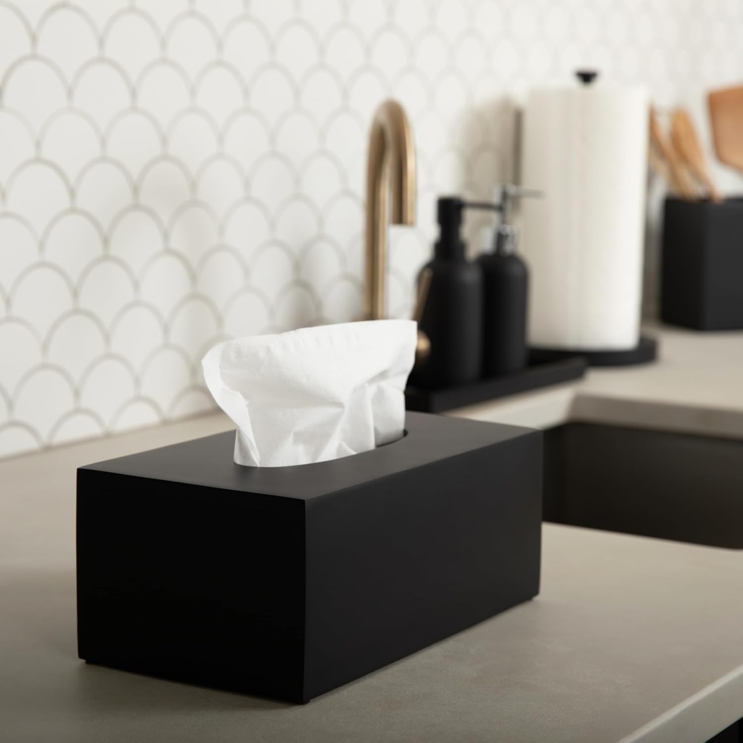 Essentra Home Rectangular Tissue Box Cover – Heavy Facial Tissue Box Cover with Modern Matte Black Finish – Matte Black Collection image 2