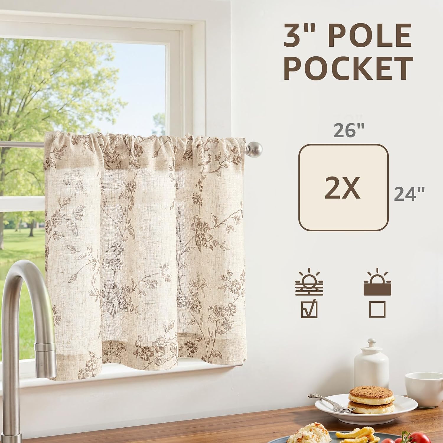 jinchan Floral Kitchen Curtains 24 Inch Linen Tier Curtains Farmhouse Cafe Half Window Drapes Over Sink Light Filtering for Living Room Laundry RV Rod Pocket 2 Panels Taupe on Beige