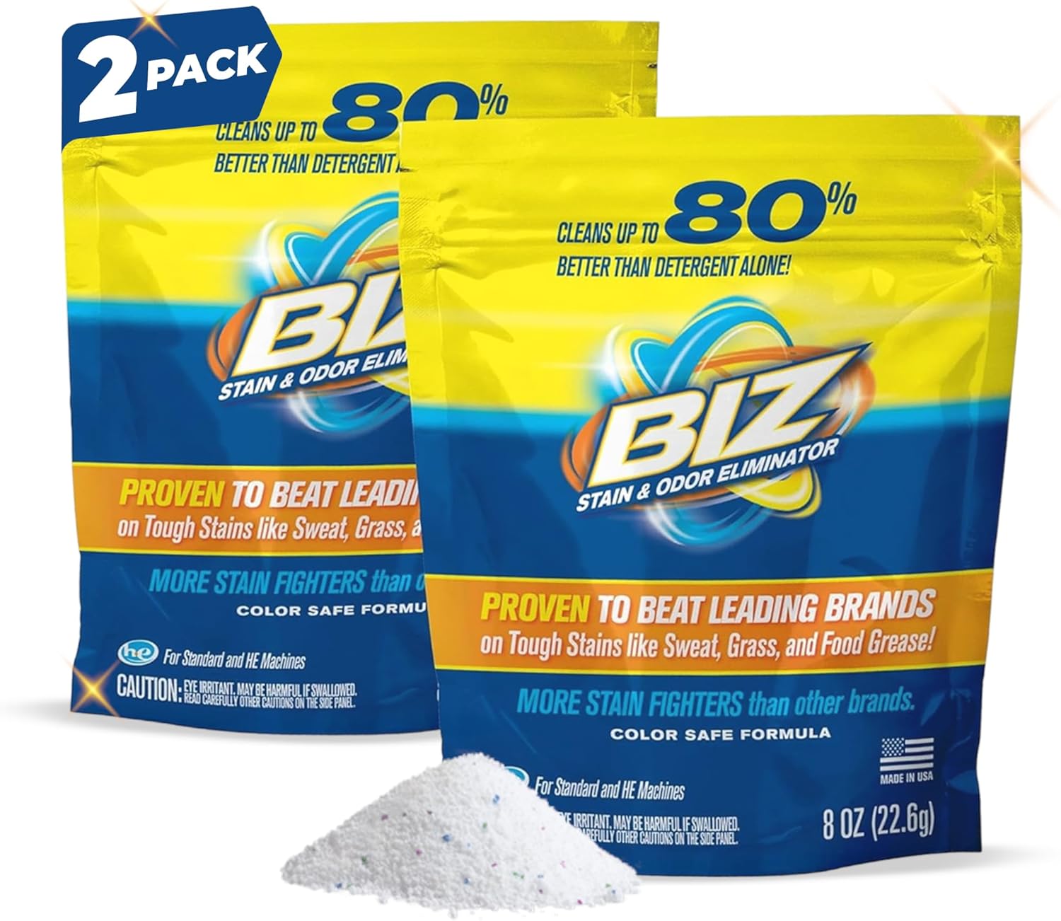 Biz Laundry Detergent Powder, Stain and Odor Eliminator for Tough Stains Like Grass Sweat and Food Grease, Powder Laundry Detergent, Color Safe, HE Safe, Unscented, Pack of 2, 16 oz Total