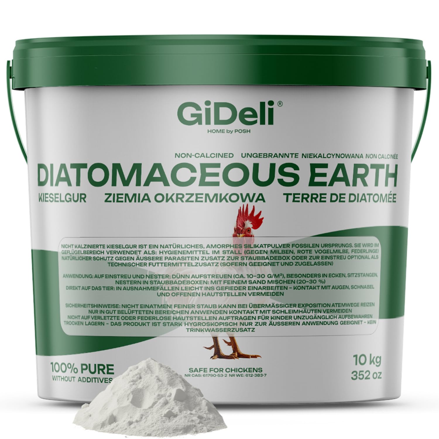 GiDeli Tierra de diatomeas 10 kg en cubo, tierra de diatomeas para proteger a los pollos de parásitos, polvo de silicato con posibilidades de aplicación versátiles, polvo natural, sin aditivos