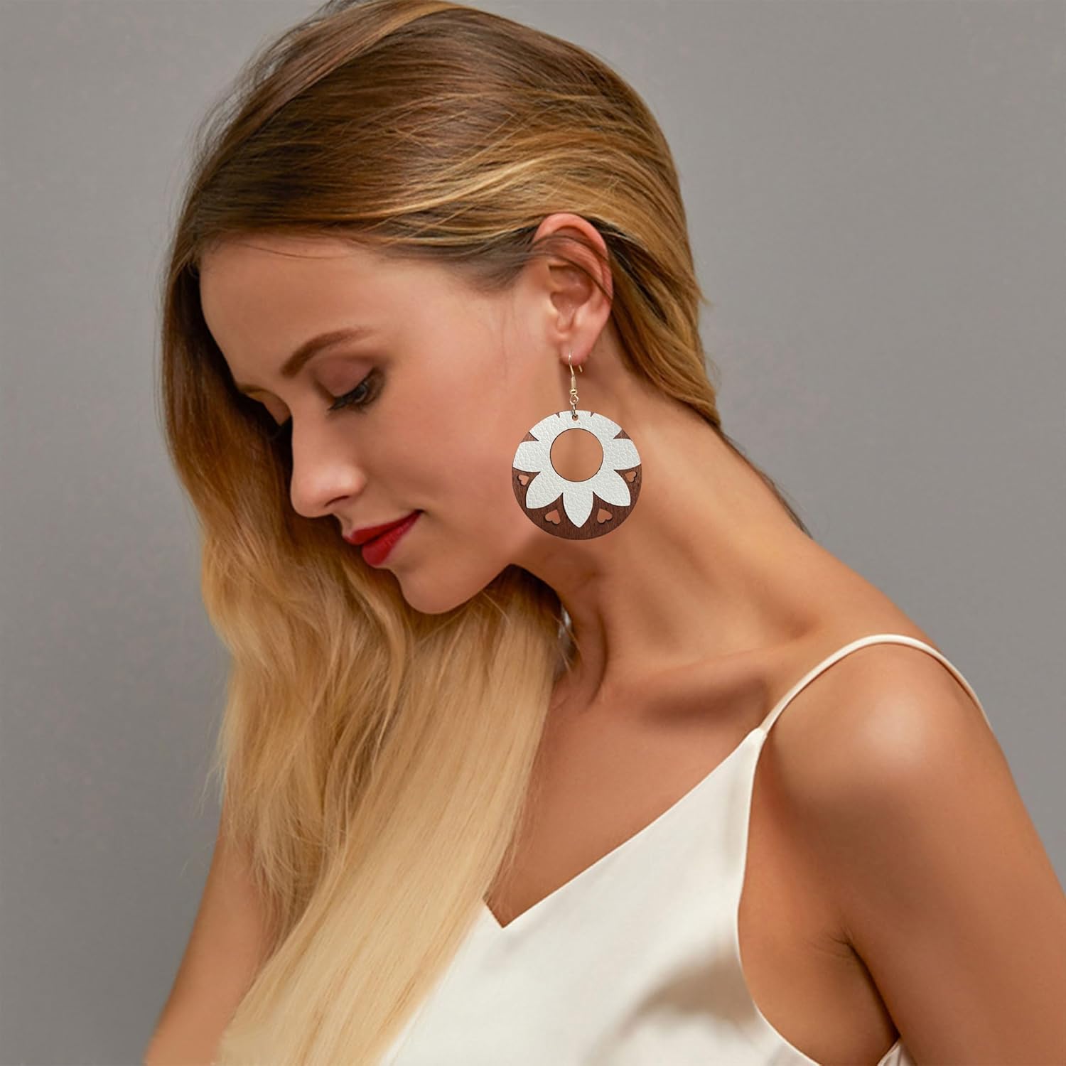 Handmade Bohemian Round Wooden flower Dangle Drop Earrings for Women Lightweight Vintage Natural Wood Flower Statement Geometry Earring Jewelry Gifts - Image 2