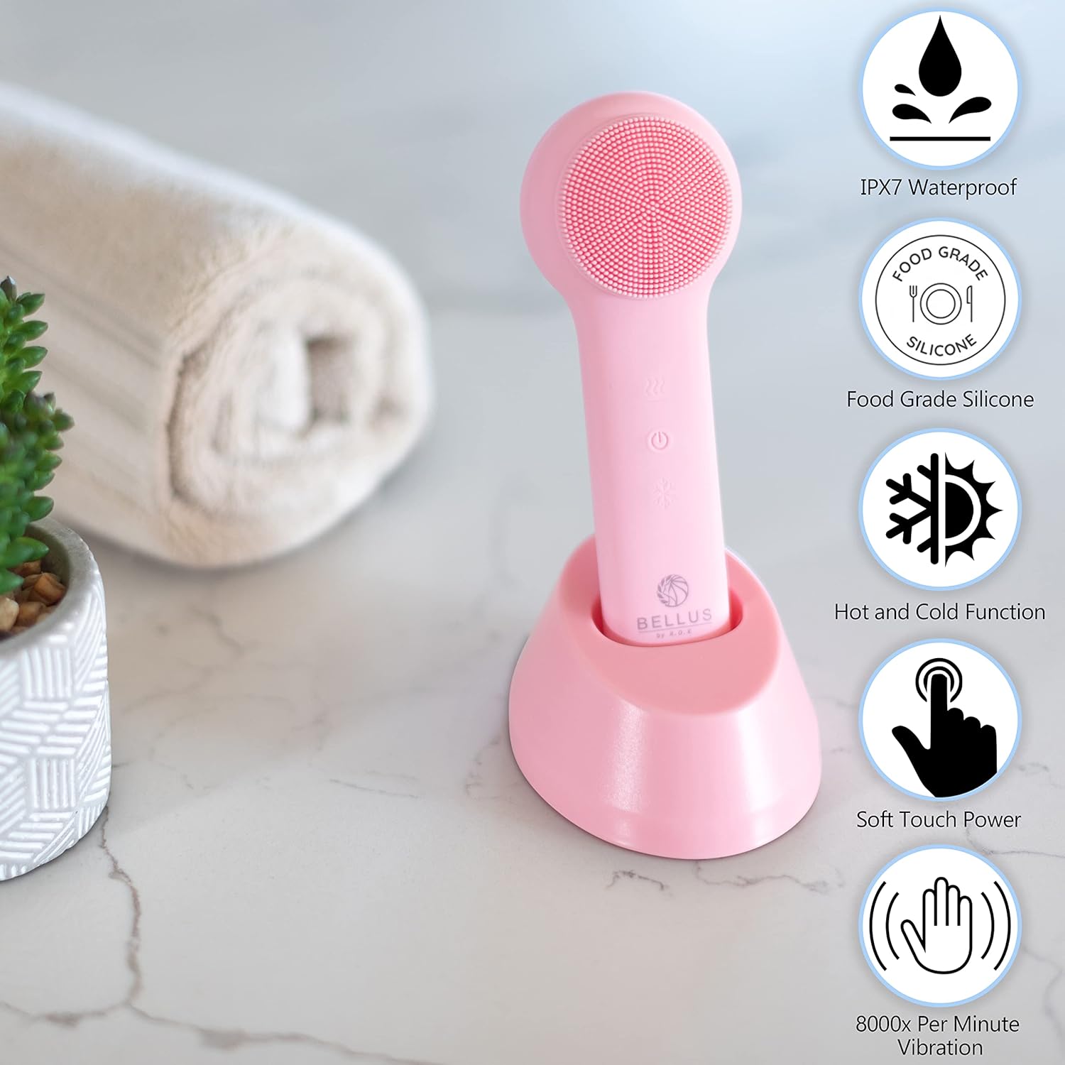 Bellus by R.O.K Silicone Facial Cleansing Brush - 3 in 1 Rechargeable Silicone Cleansing Brush with Heat and Cold Massage Features - Pink : Beauty & Personal Care