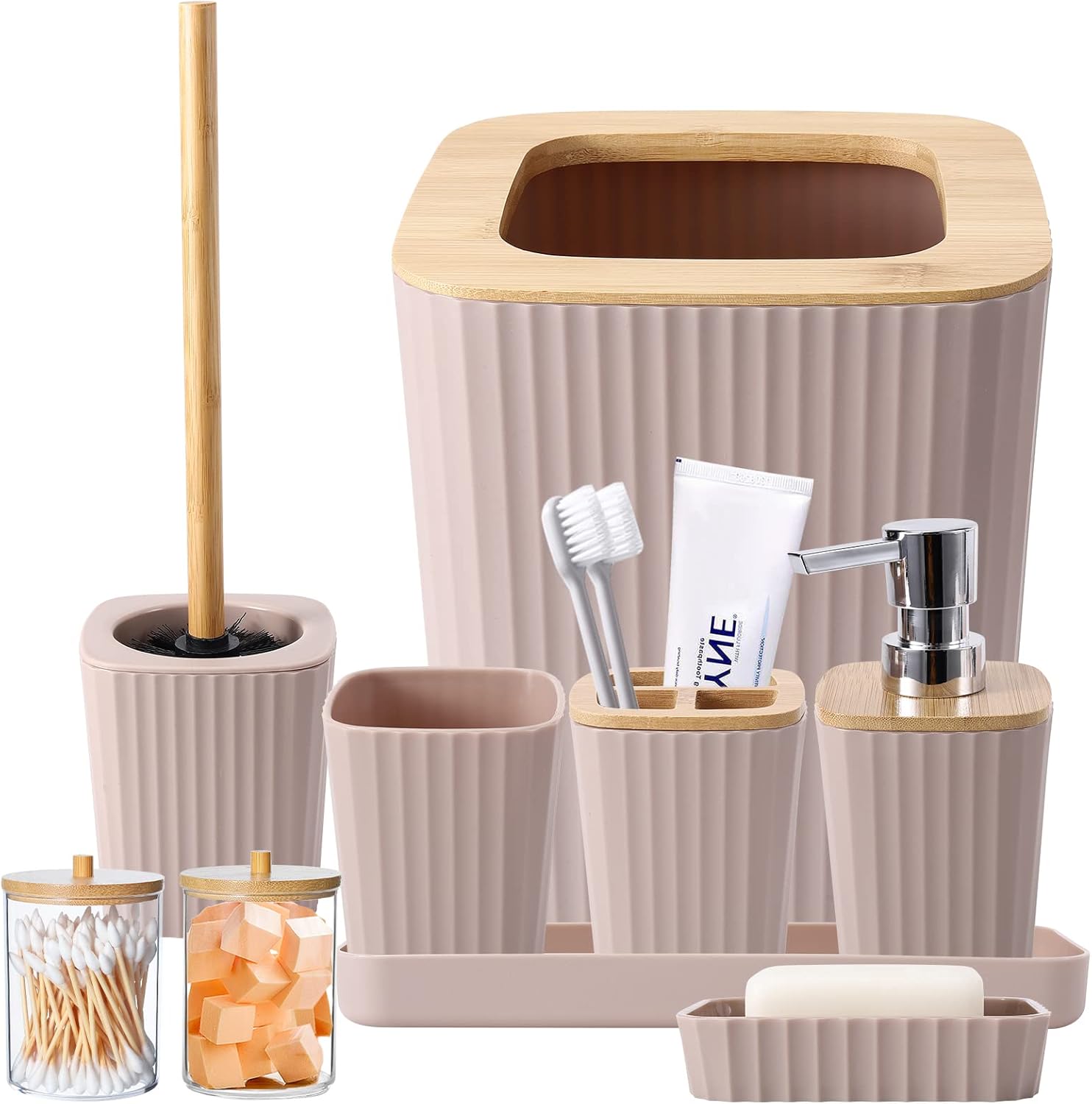 Beige Bathroom Accessories Sets Complete, 9Piece Bamboo