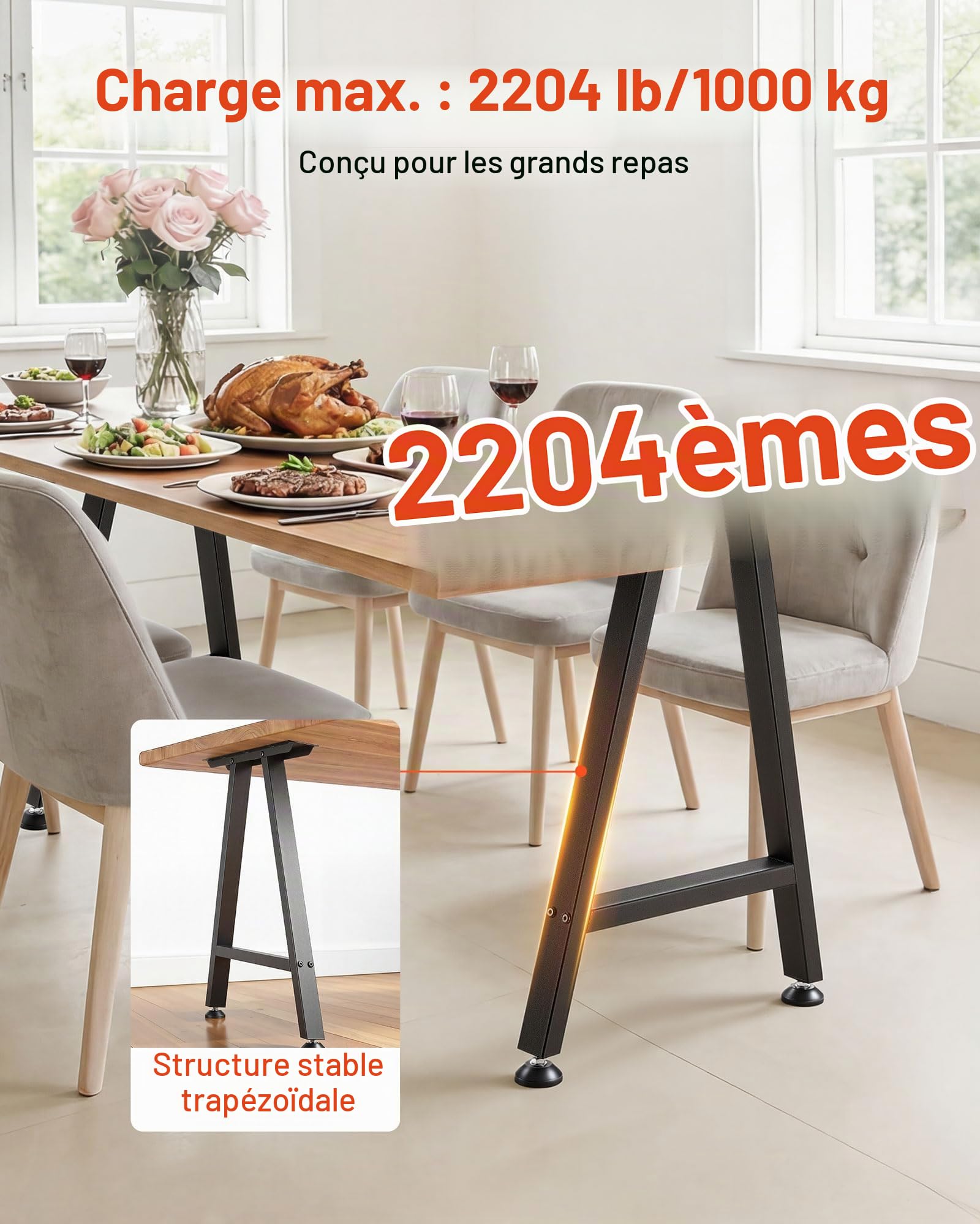 VEVOR Pieds de Table Trapézoïdaux 740x550 mm Lot de 2, Pieds de Bureau en Acier au Carbone, Charge Max. 1000 kg pour Bureau, Table à Manger, Établi, Plan de Travail et Table de Bar, avec Patins, Noir
