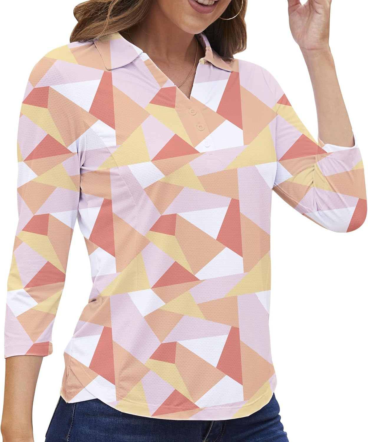 Women's Polo Shirt 3/4 Long Sleeve Golf Quick Dry T Shirts UPF 50+ Athletic Casual Work Shirts Tops for Women Medium 3/4 Sleeve-pink Plaid