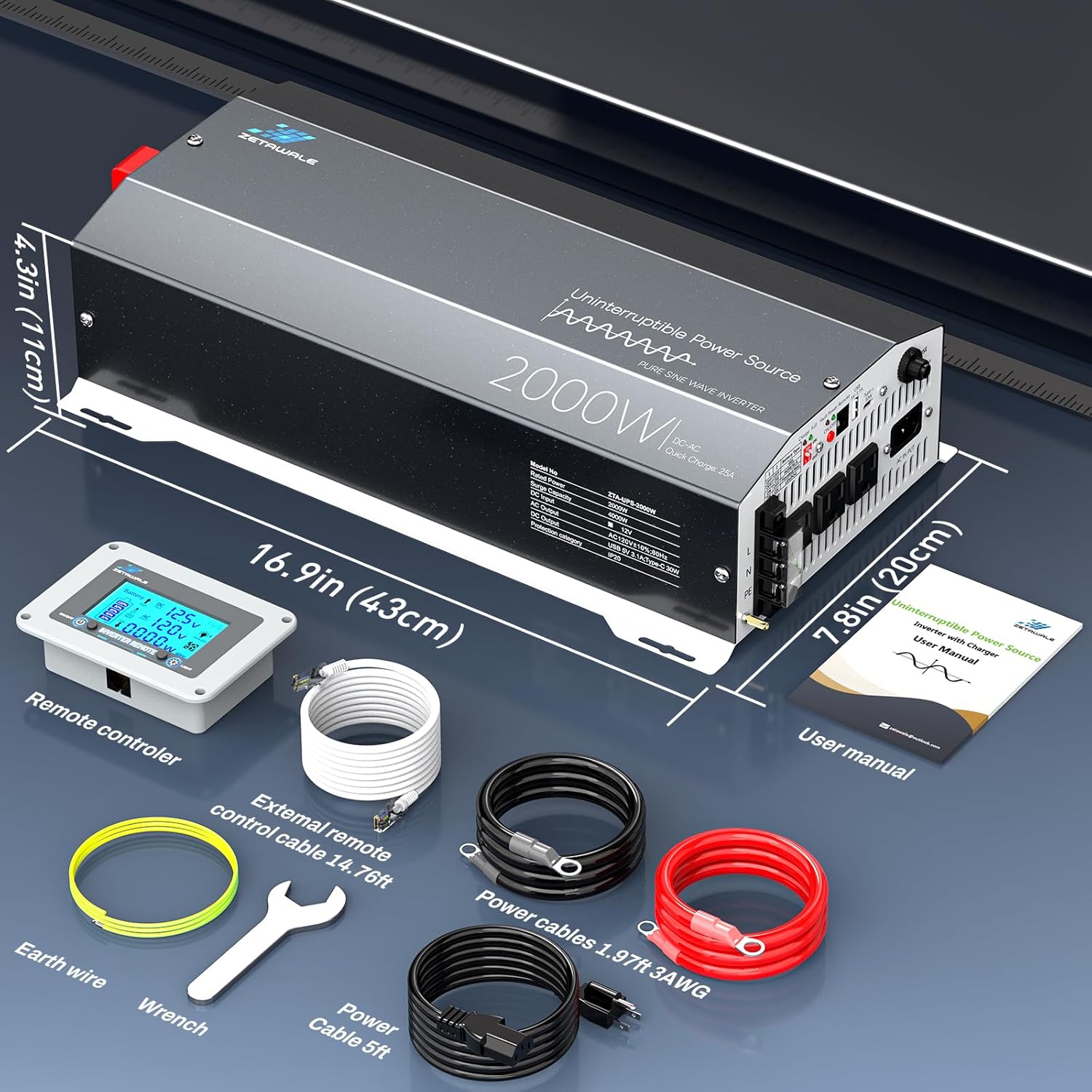 2000W Sump Pump Battery Backup System, Pure Sine Wave Power Inverter with Charger, Backup System for Power Outage, LCD Screen Remote Controller, Automatic Switching for Grid and Battery