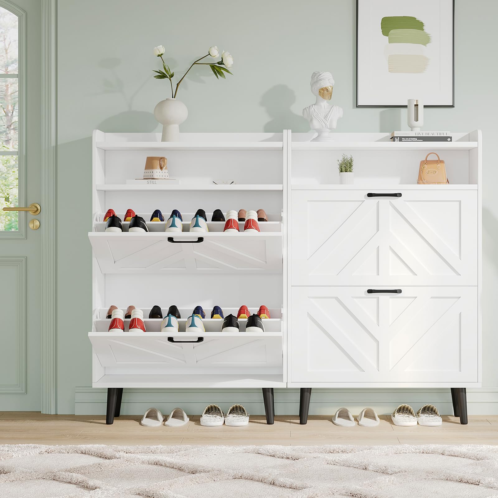 VOWNER Zapatero Entrada Recibidor Estrecho, Mueble Zapatero Blanco con 2 Puertas Abatibles y Estantes Ajustables, Organizador de Zapatos de Madera con Patas Elevadas para Pasillo, 75 x 24 x 113 cm