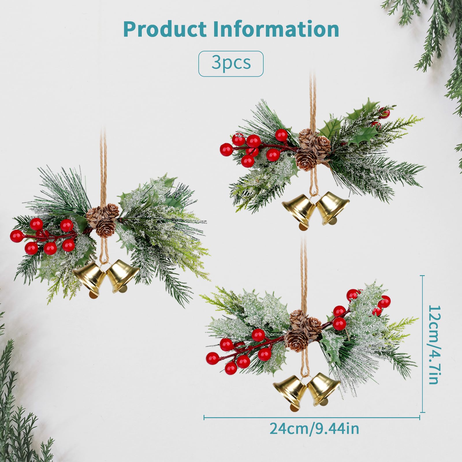 YiYa Christmas Bells Decor Xmas Jingle Bells with Holly Berry Large Hanging Jingle Bells for Christmas Tree Wearth Door Home Decor - Image 2
