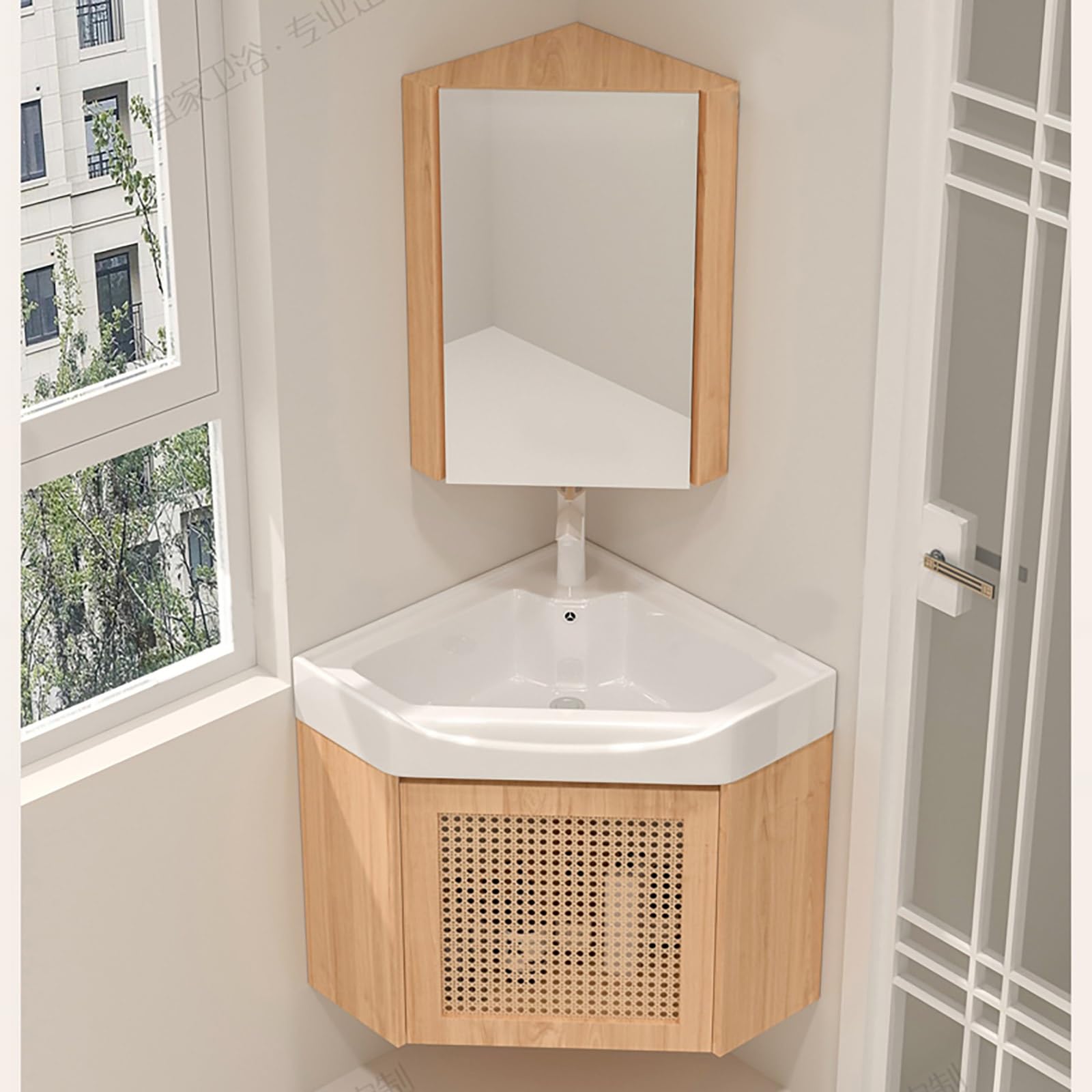 GLJTUO Modern Corner Bathroom Vanity with Sink & Mirror - Space-Saving Floating Storage Cabinet with Faucet & Drain, Stylish Small Space Furniture, Ceramic Sink Design for ct Ba,Log Color-47cm/18.5in