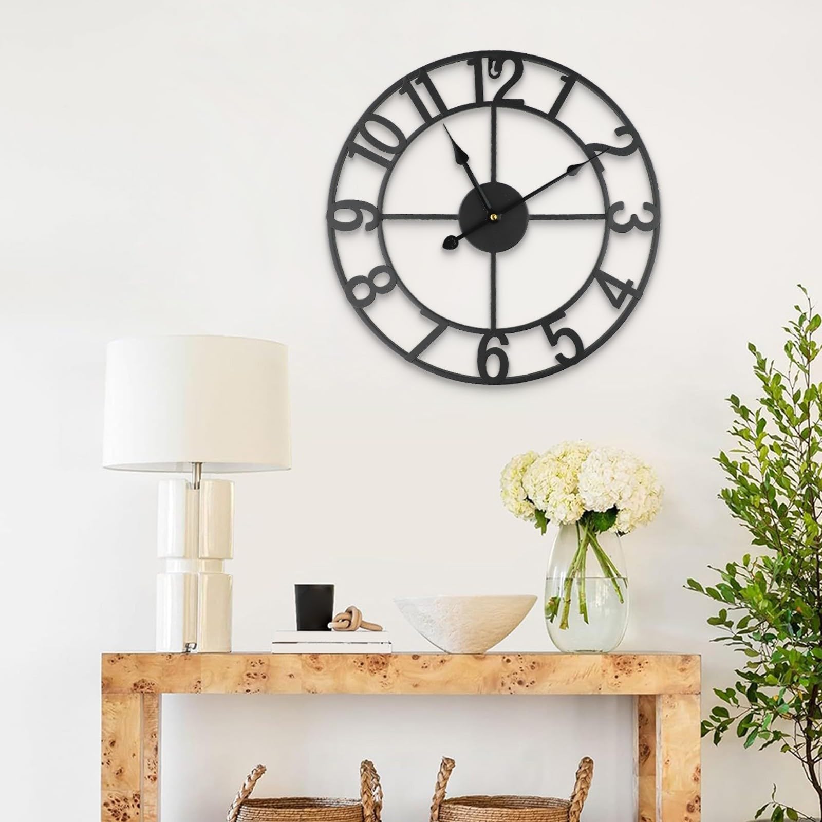 Eawfgtuw Reloj de pared de jardín al aire libre, reloj de pared de metal silencioso grande, reloj decorativo de esqueleto de metal para jardín, dormitorio, decoración del hogar (G)