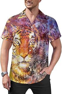 Vintage Tiger Head in Space Mens Shirts Hawaiian Short Sleeved Cuban Collar Graphic Tees Tops