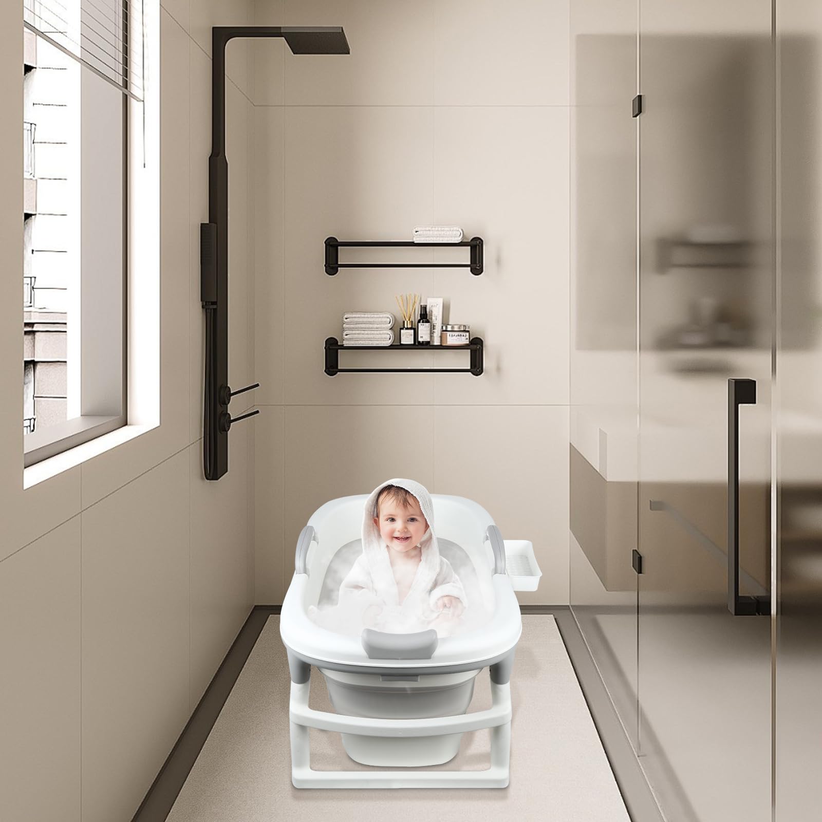 Bebe - Cuscino pieghevole per vasca da bagno pieghevole per bambini da 0 a 9 anni, per doccia, neonato, per tutta la famiglia, 99 x 62 x 52,9 cm (grigio)