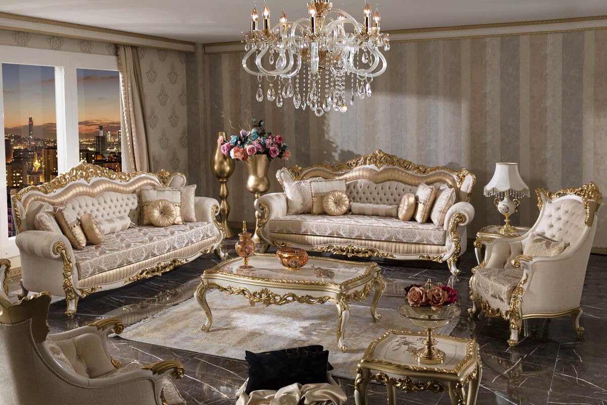 COZYDOR Luxury Victorian Living Room Set, Gold Carved Wood Frame, Tufted Cream Velvet Upholstery, 6-Piece Sofa Set with Center Table-image-35