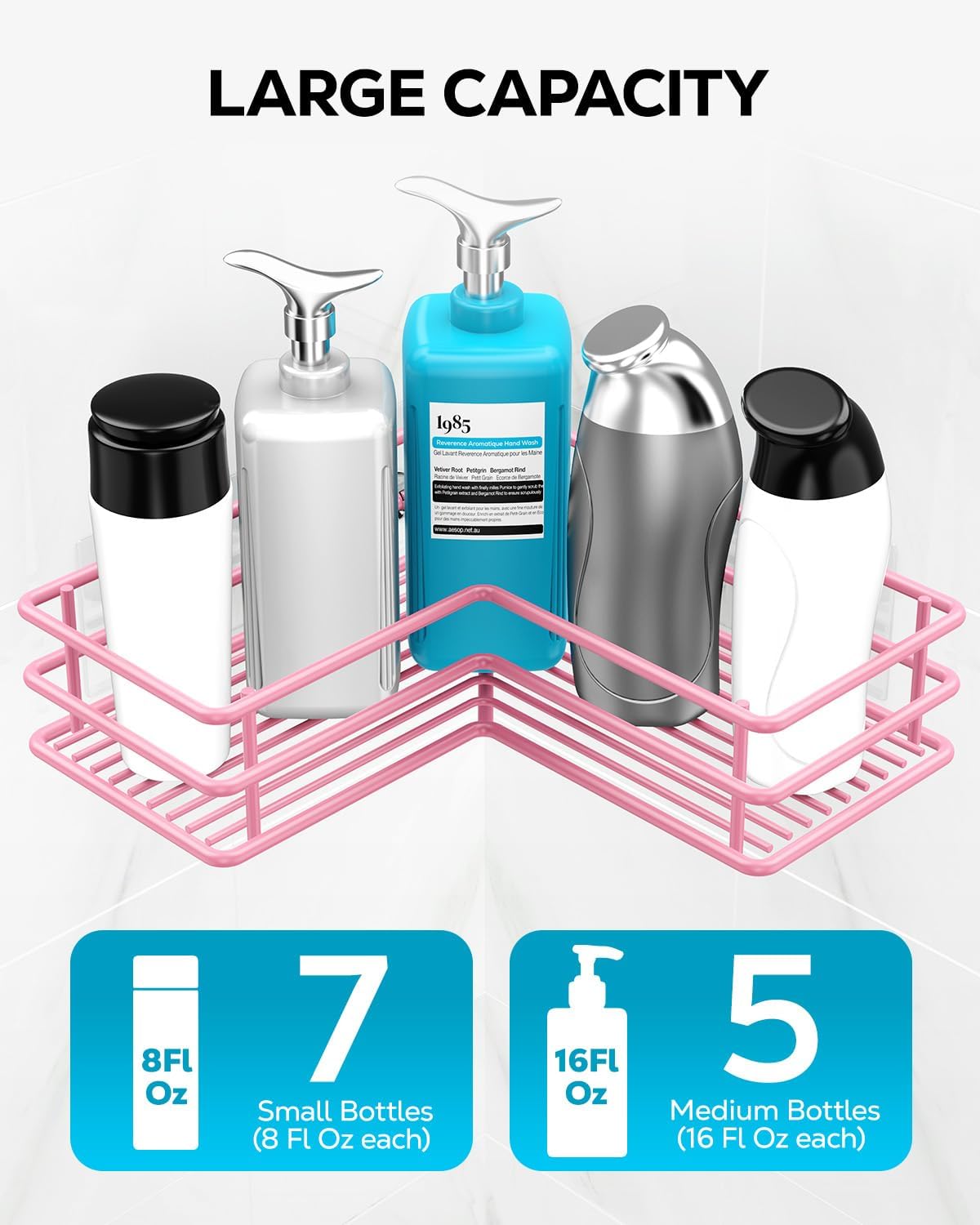 Nieifi Adhesive Corner Shower Caddy Shelf Basket Rack with Hooks, Rust Proof Stainless Steel Bathroom Shelf Shampoo Holder No Drilling (Pink) - Image 4