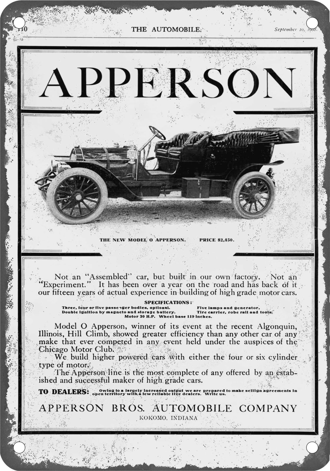 METAL SIGN - 1910 Apperson Vintage Ad 01 - Old Retro Rusty Look home decor