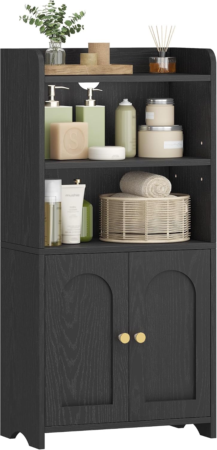 HEXCELEN Small Bathroom Storage Cabinet, Bathroom Organizers and Storage with 2 Doors and Shelves, Floor Cabinet Freestanding with Adjustable Shelf for Small Spaces, Black 7.9" D x 14.6" W x 29.6" H