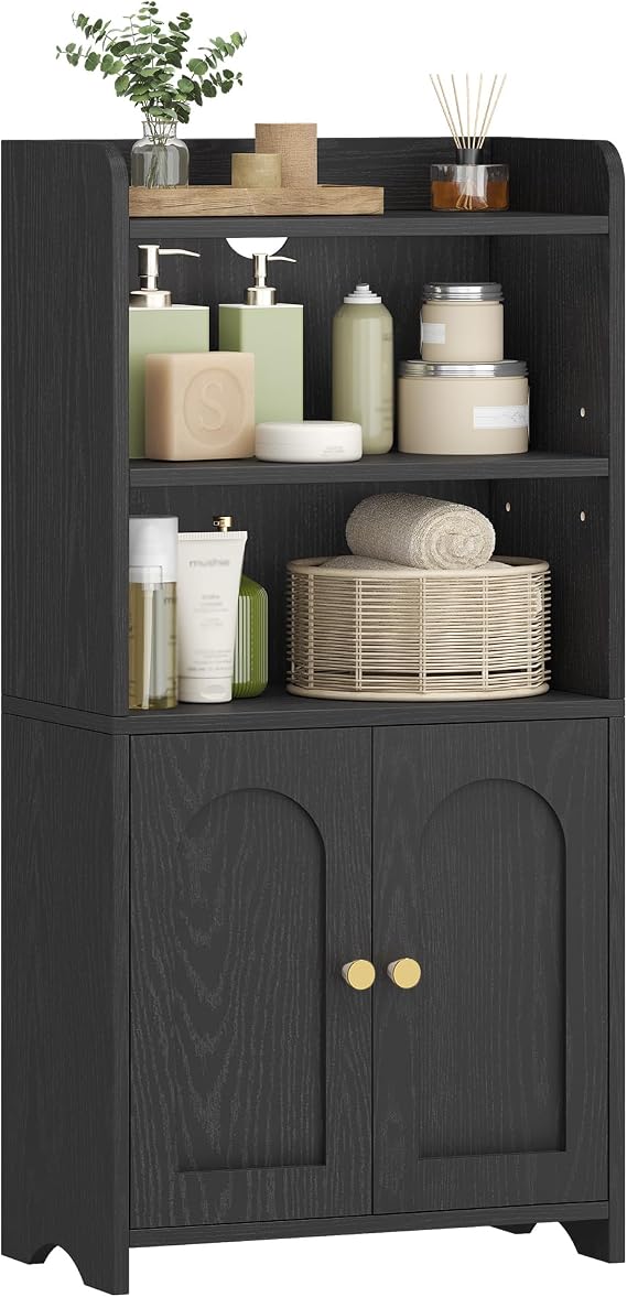 HEXCELEN Small Bathroom Storage Cabinet, Bathroom Organizers and Storage with 2 Doors and Shelves, Floor Cabinet Freestanding with Adjustable Shelf for Small Spaces, Black 7.9 D x 14.6 W x 29.6 H