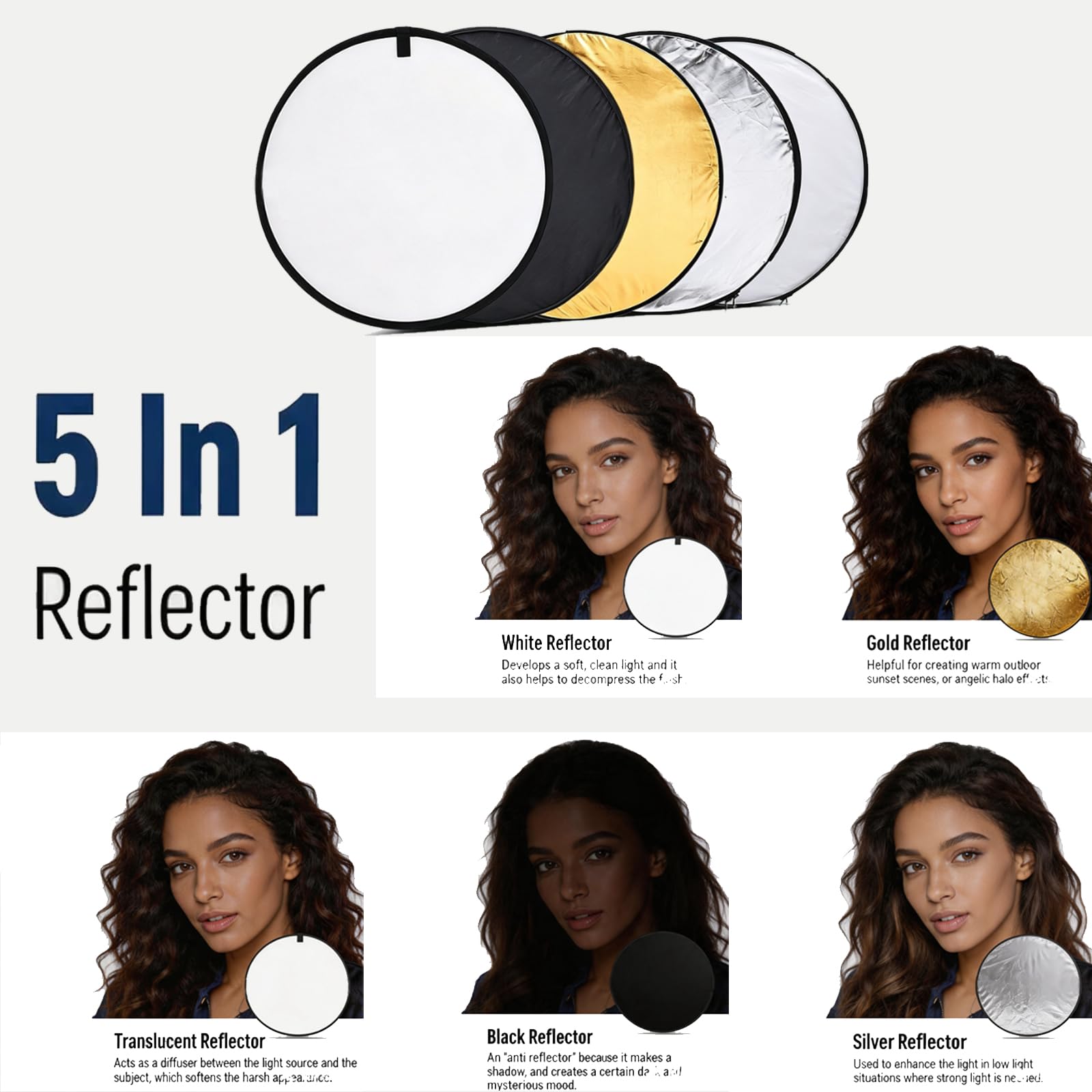 Andoer Disco Riflettente Fotografia Pannello Foto Pieghevole 24" 60Cm 5 In 1 (Oro Argento Bianco Nero Trasparente) Multi Portatile Pieghevole Fotografia Studio Foto Luce Riflettore Disco