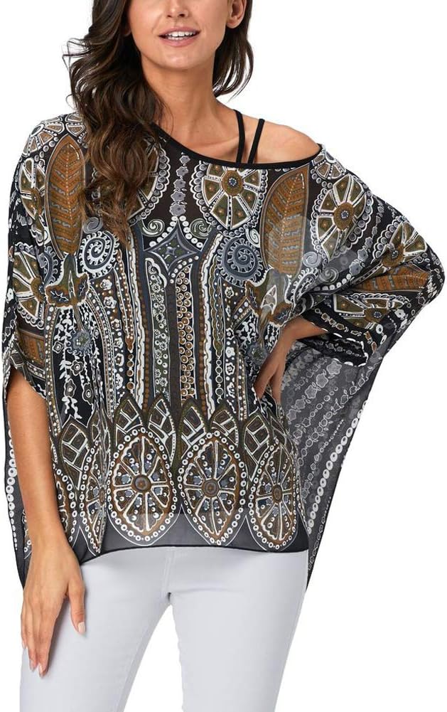 Ckikiou Plus Size Batwing Flowy Semi Sheer Chiffon Blouse Tunic for Women Summer Floral Print Boho Beach Cover ups - Image 3