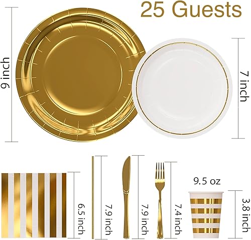 Miniatura 2 de Platos de fiesta de papel dorado, tazas y servilletas, juegos de suministros para fiesta para 25 invitados, cuchillos de plástico dorado, para