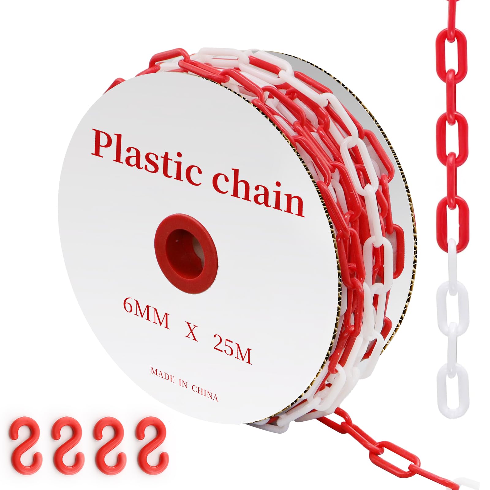Chaîne Plastique Rouge et Blanche 25m, 6mm Chaine de Barrage Avec 4 Crochets en S, Chaine de Signalisation Pour Chantiers, Parkings et Lieux d’événements