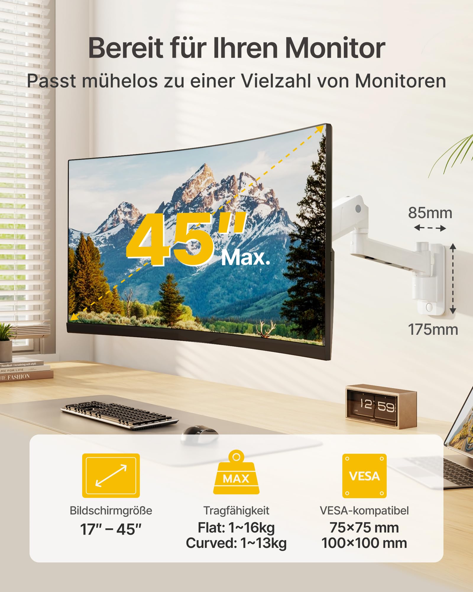 monTEK Monitor Wandhalterung 17-45 Zoll, Weiß | Bis 16 kg, Neigbar Schwenkbar Drehbar, Höhenverstellbar Full Motion, VESA 75x75/100x100 mm