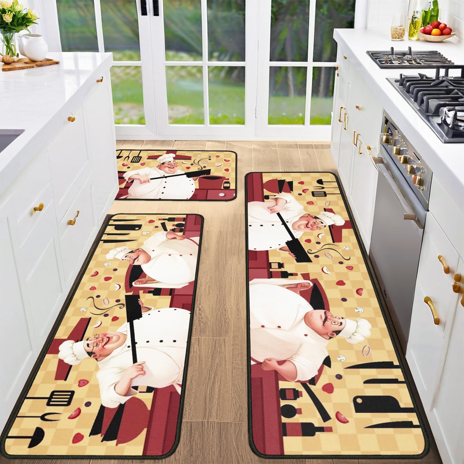Chef Kitchen Rugs and Mats Non-Skid Washable for Floor, Red Fat Chef Kitchen Decor and Accessories Kitchen Mat Set of 3, 17"x30"+17"x47"+17"x59"