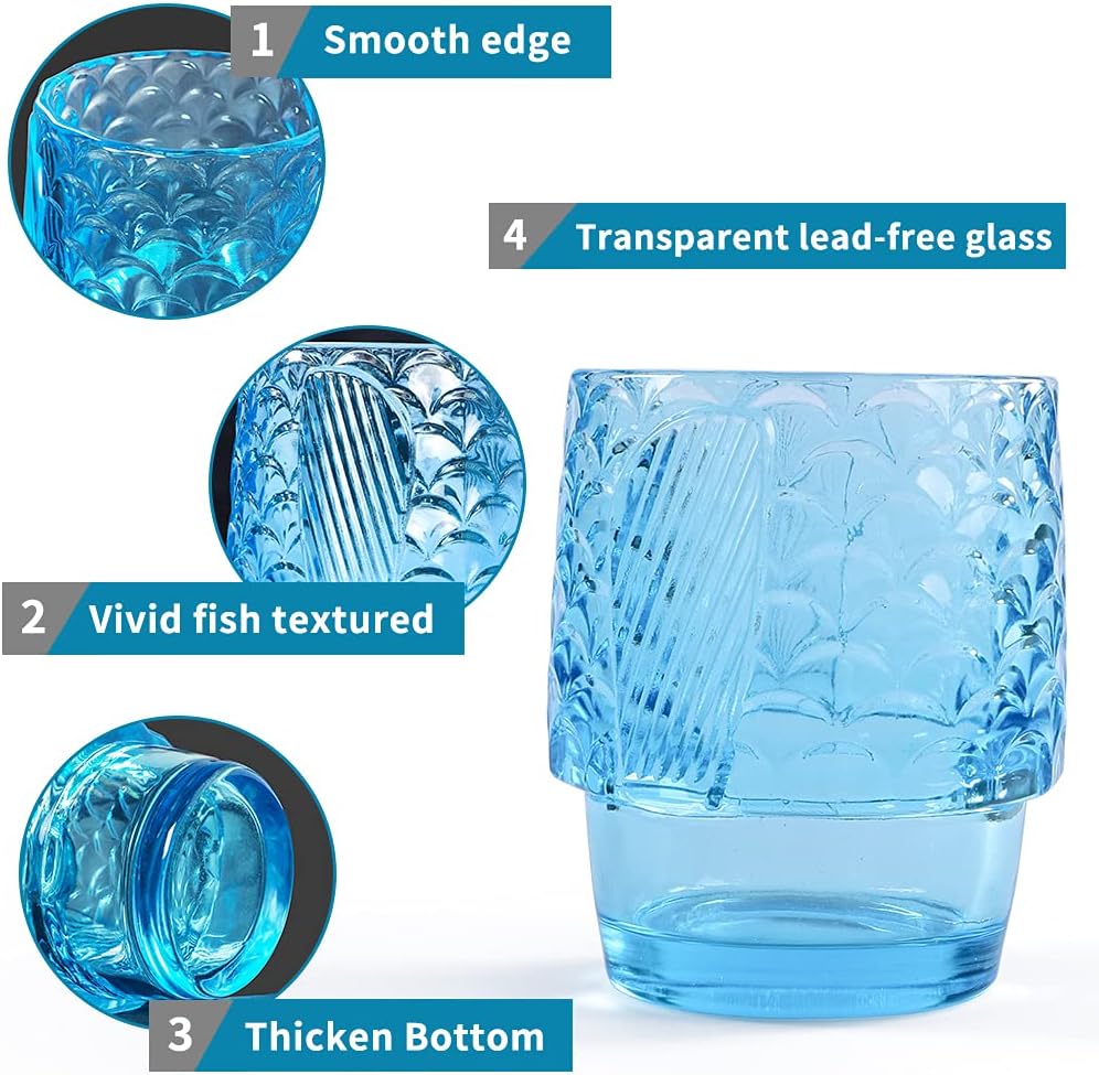 MDLUU Fish Design Tumbler Glasses, Stackable Drinking Glasses, Colored Glass Beverage Cups, Nautical Glassware for Gift, Set of 4 (Blue)