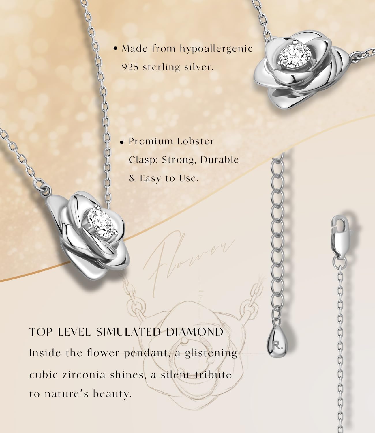 Raneecoco Rose Flower Necklace Gold Plated Sterling Silver Pendant Jewelry for Women, Hypoallergenic & Nickel Free - Image 3