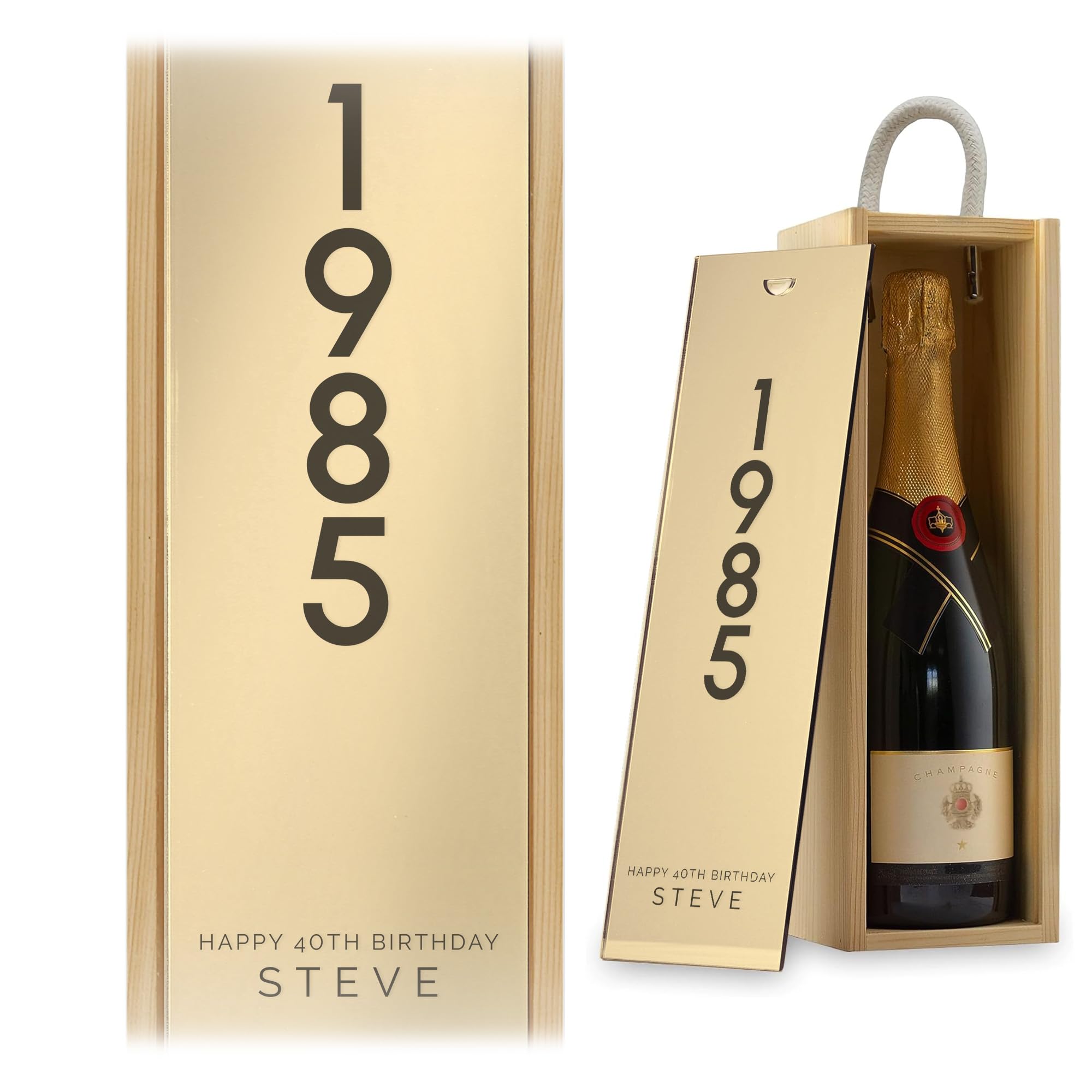 A1 Graphics Ltd Milestone Birthday Wine Gift Box Birth Year Custom Printed Personalised Birthday Present Anniversary Engagement Gift (Natural Box W/Gold Mirror Acrylic)
