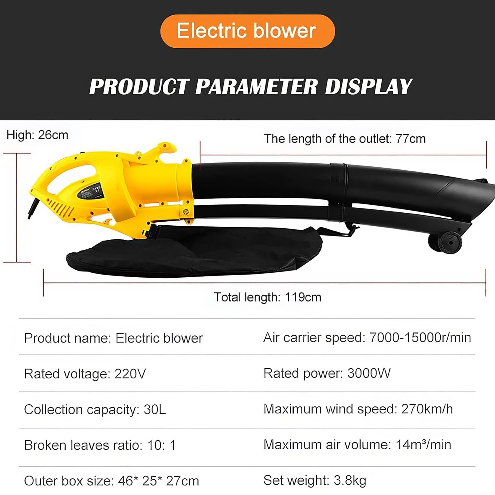 Trituratore 3 in 1, Rapporto di triturazione 10:1, Sacco di raccolta foglie da 35 litri, 270 km/h, Soffiatore for foglie da giardino da 3000 W, Aspirapolvere da giardino