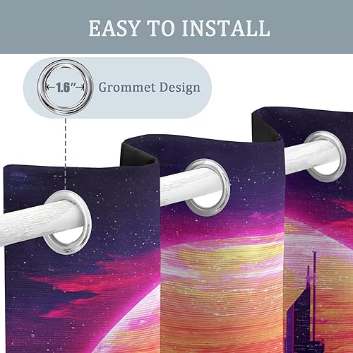Miniatura 5 de Retro Neon Synthwave Curtains 63 Inch 2 Panel Set, 95% Blackout Curtains City Skyline Pattern, Retro Neon Synthwave Decor for Living Room Bedroom,