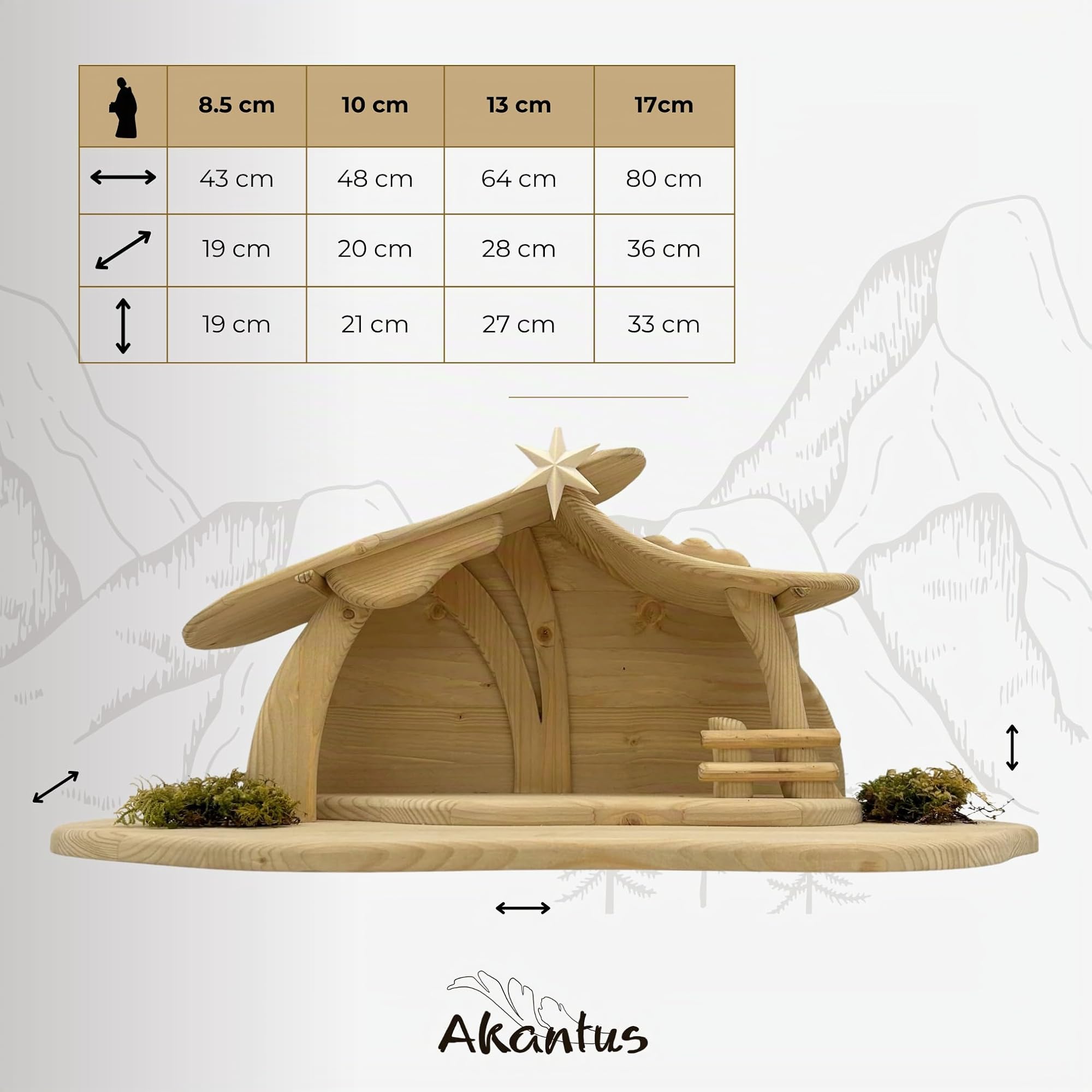 Akantus Leonardo Weihnachtskrippe aus Holz: 8er Set mit Stall HL.Nacht groß (8,5 cm, bemalt)