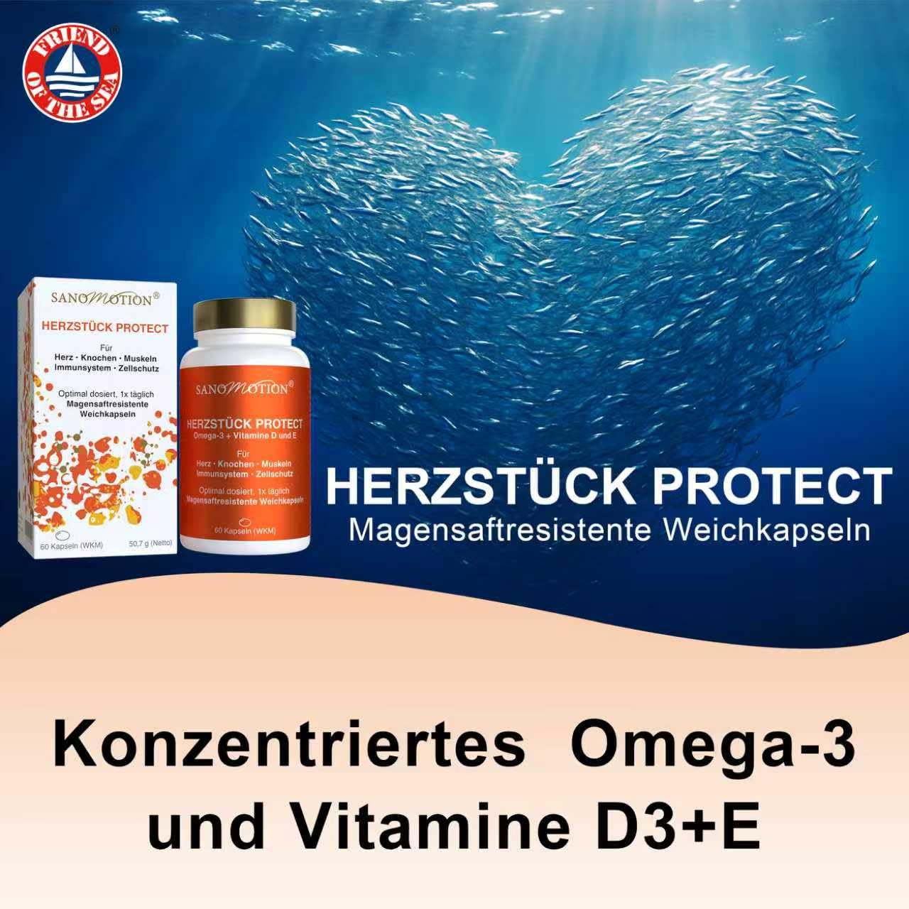 Omega-3 Fischöl + Vitamin D3 & E – Hochdosiert & Magensaftresistent 60 Softgel EPA & DHA >90 % Konzentration – Ohne Aufstoßen – Herz, Gehirn, Sehkraft – HERZSTÜCK PROTECT Omega 3 Kapseln