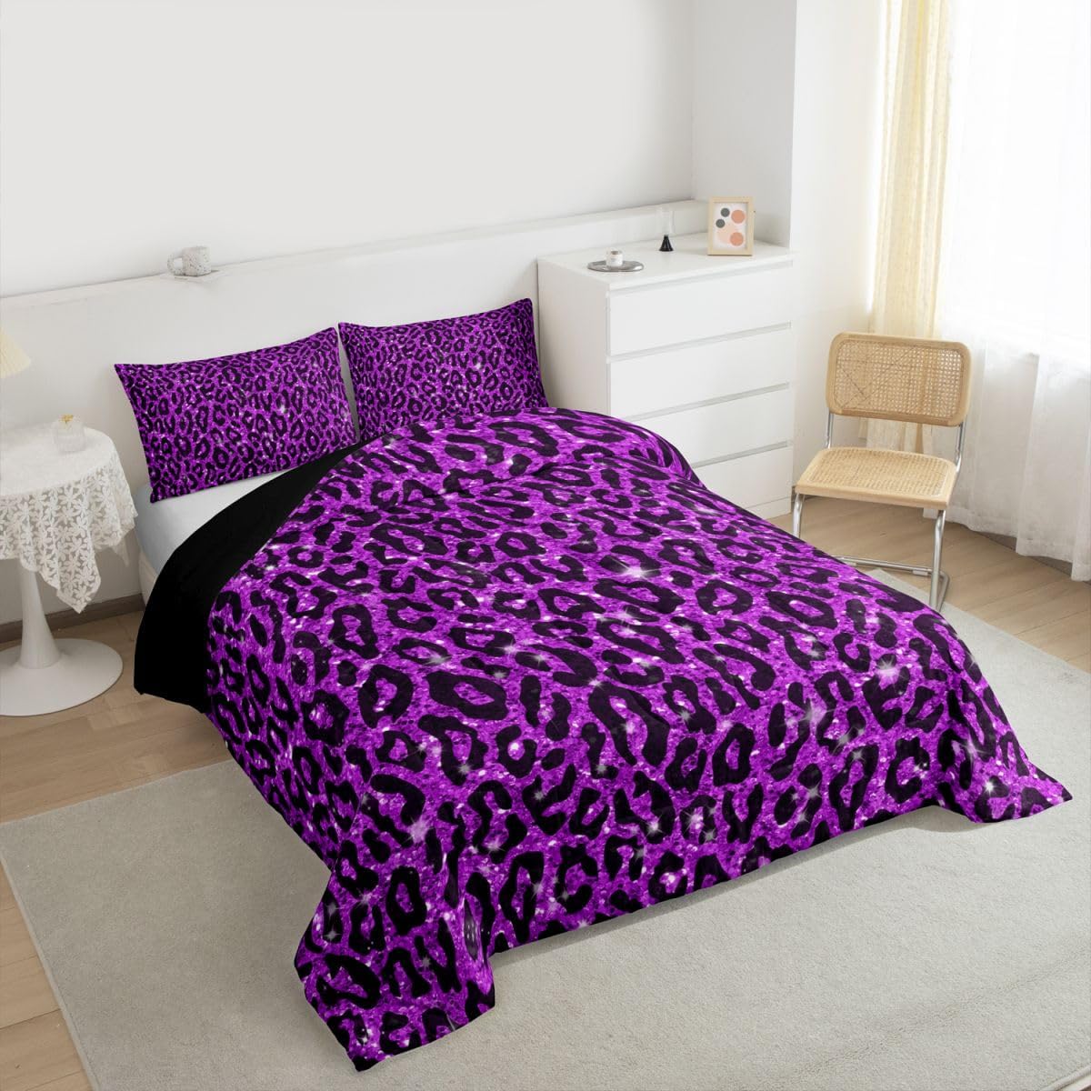jejeloiu Leopard Bedding Set Soft for Boys Girls, Glitter Comforter Set Queen Size Cheetah Duvet Quilt Microfiber Cow Fur Bedroom Decor 3 Pcs with 2 Pillow Cases