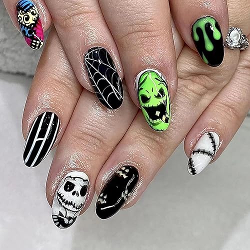 Miniatura 116 de Uñas postizas a presión de Halloween, cuadradas, medianas, francesas, color negro, degradado, cobertura completa, calavera, corazón rosa, con Uñas