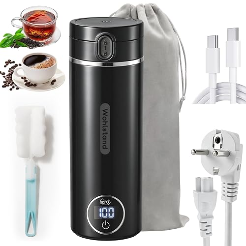 Elektrischer Reisewasserkocher 500 ml mit USB-C & 300 W, 6 Temperaturstufen | 316-Edelstahl, beidseitiges USB-C-Kabel, 300W-Netzkabel, 24h-Warmhaltung, Tragbarer Wasserkocher Kein für Camping Car,Schwarz - Schwarz