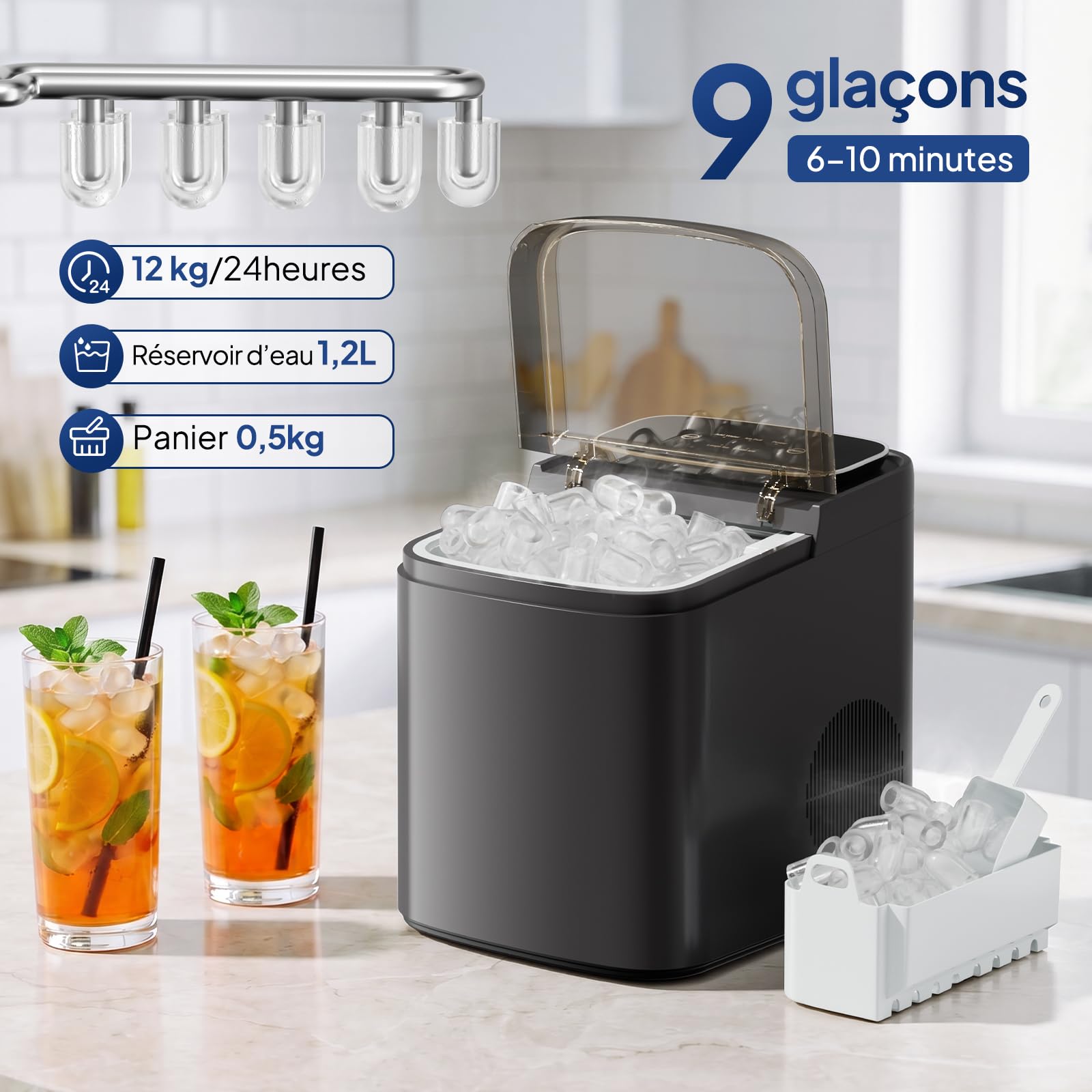 ROVSUN Macchina Ghiaccio 12kg/24h, Macchina Ghiaccio Casa 1.2L, 9 Cubetti in 6min, 2 Dimensioni, Ice Maker per Feste, Barbecue, Bar e Ristorante, 95W
