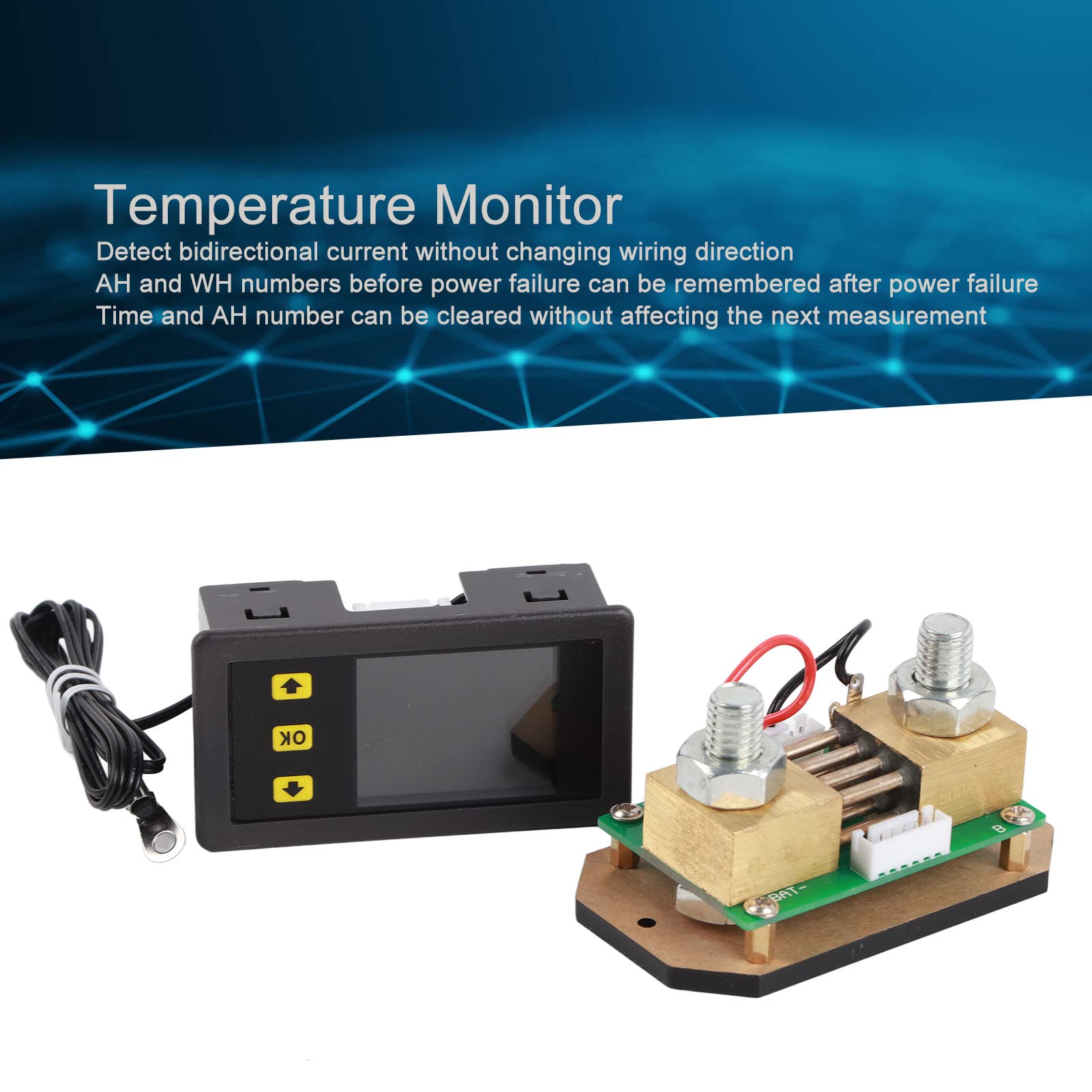 Pissente Probador Multifuncional ABS PCB Medidor de Potencia Probador de Batería 0,01 A 500 V 0 A 1000 A Monitor de Temperatura LCD Bidireccional para Usuarios de Carga y Descarga de Batería (500A)