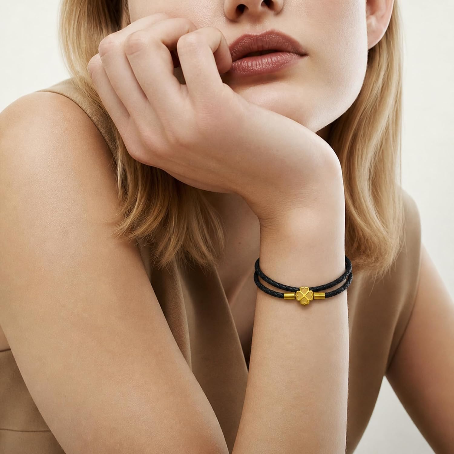 Leporem Double Wrap Braided Leather Bracelet 18K Gold Plated Surgical Steel Four Leaf Clover Push Lock Clasp Luxury Lucky Jewelry Choker Gift Set