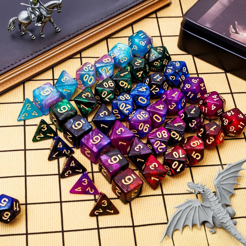 DND - Set di 42 dadi poliedrici per giochi di ruolo da tavolo di D&D e MTG, con sacchetti colorati con coulisse e vassoio per dadi (vassoio a stella)