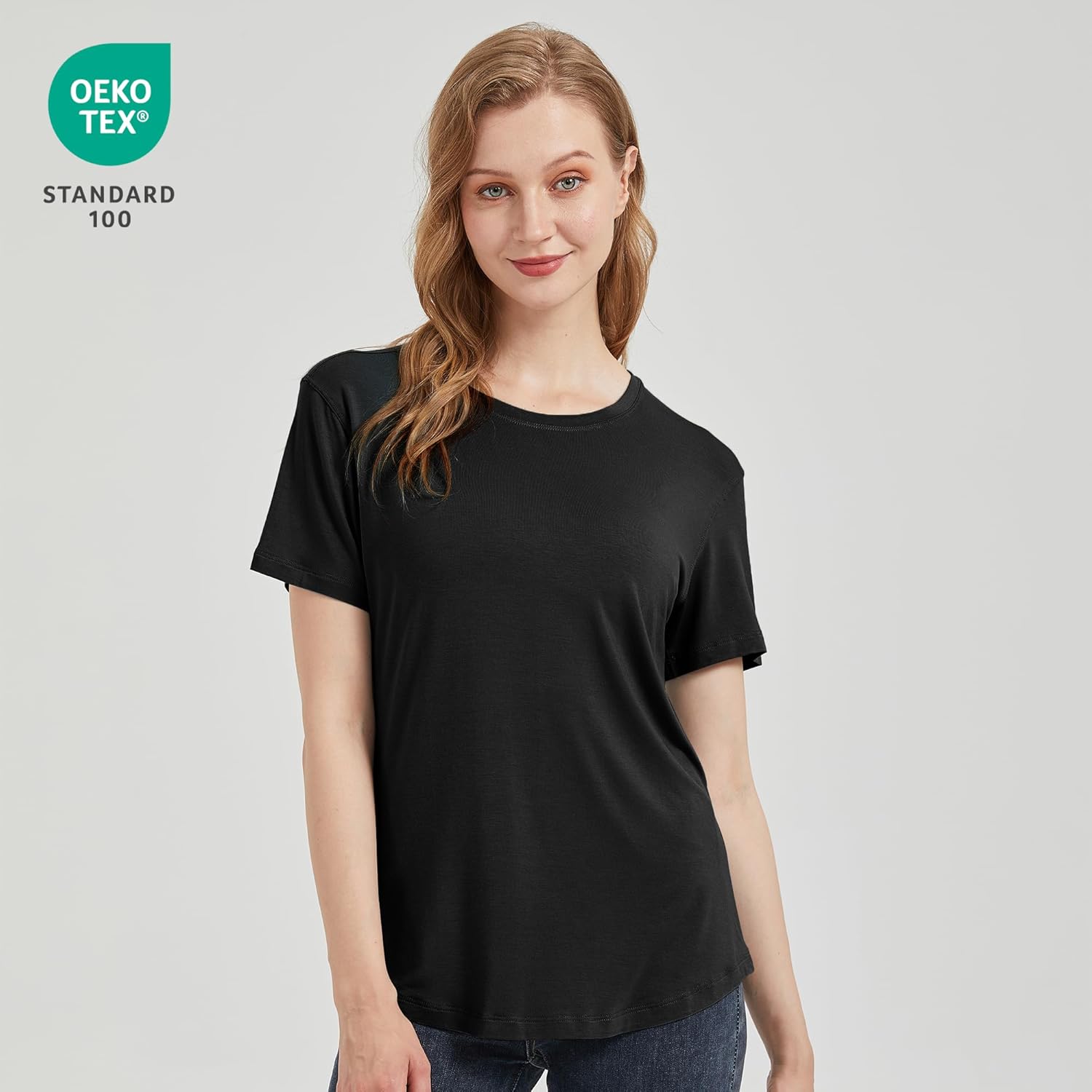 netdraw Women's Lightweight and Soft Bamboo Viscose T-Shirt Curved Hem Crew Neck Smooth Trendy Sleep Lounge Pajama Tops - Image 2