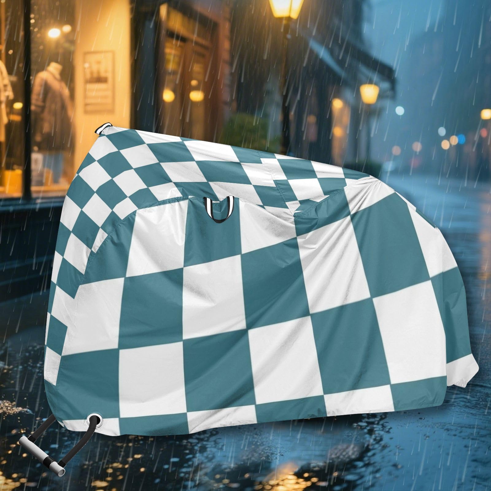 Housse de vélo d'extérieur imperméable à carreaux verts et blancs avec trous de verrouillage - Résistante aux UV - Pour intérieur et extérieur - Convient à la plupart des accessoires de vélo