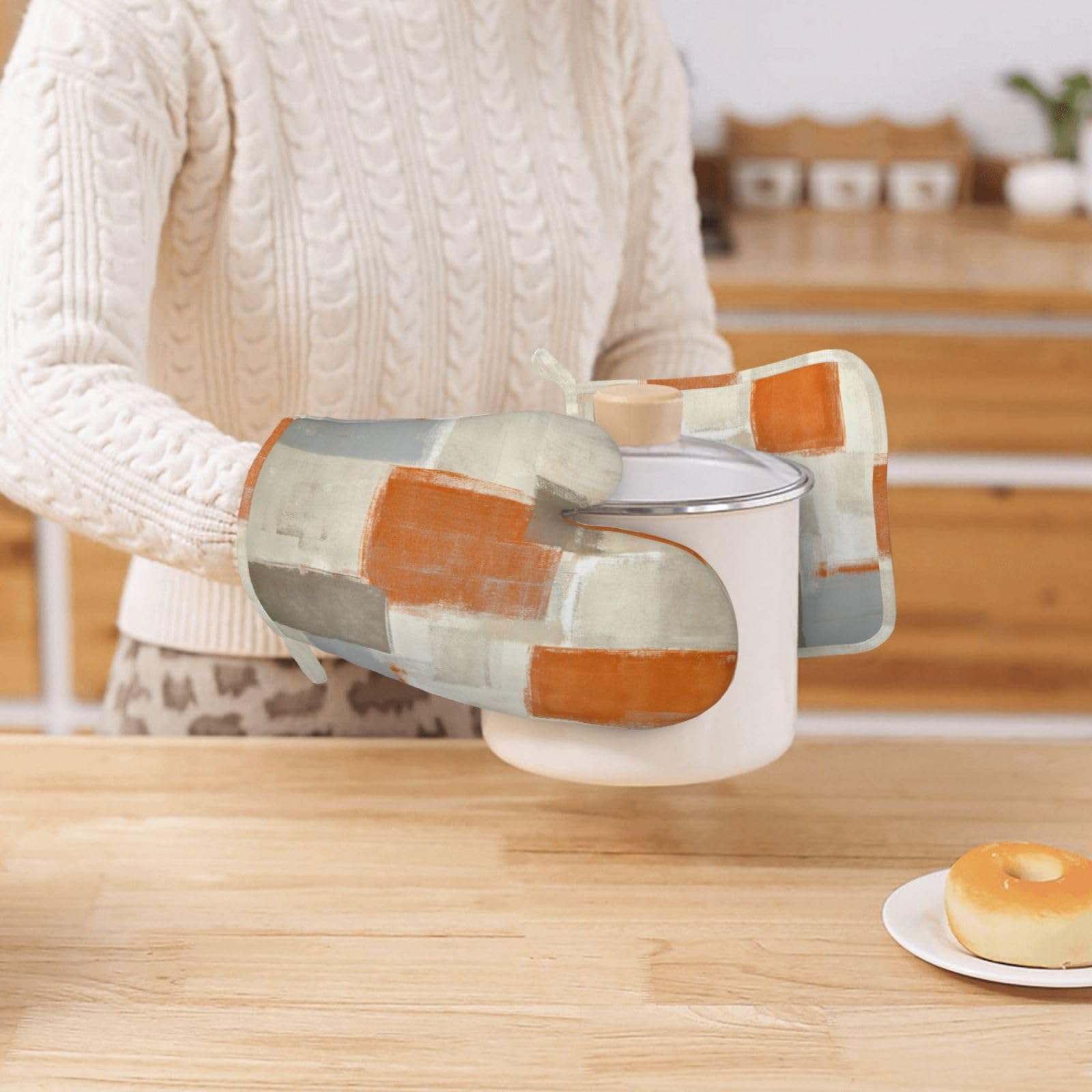 Juego de 2 manoplas de horno y soportes para ollas de pintura abstracta beige y naranja, resistentes al calor, guantes antideslizantes, decoración de cocina para barbacoa, cocinar, asar a la parrilla, 9