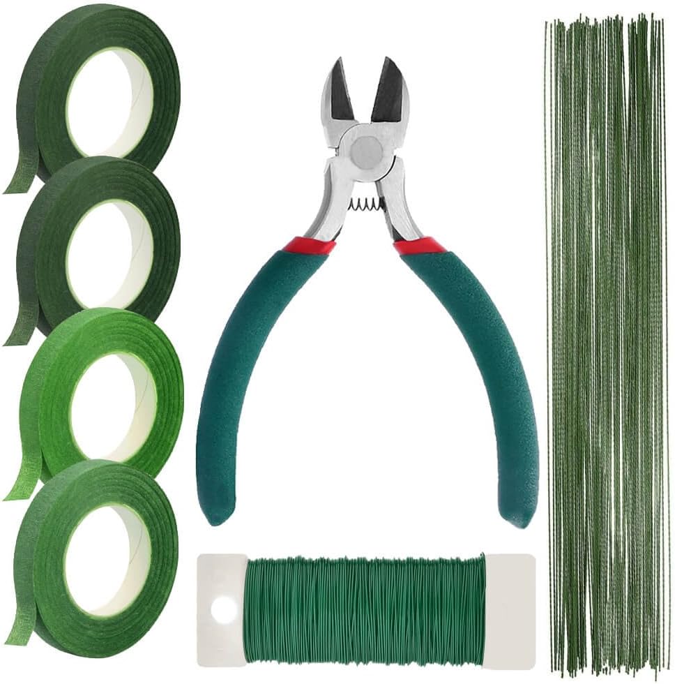 Floral Tape and Floral Wire Arrangement Tools Kit, with Wire Cutter 26 Gauge Stem Wire and 22 Gauge Paddle Wire for Bouquet Stem Wrap Florist