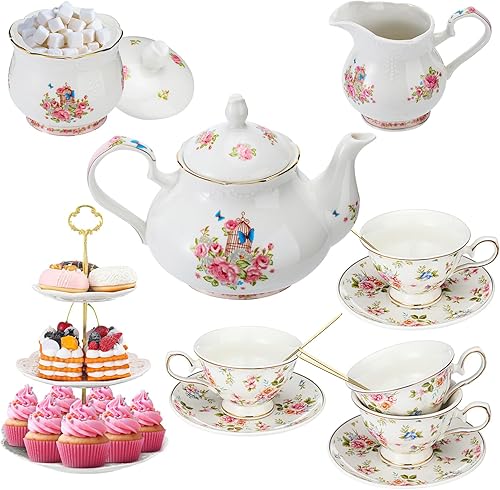 Vesici Juego de té de porcelana floral de 16 piezas, tetera de 30 onzas, recipiente de azúcar de 8 onzas, jarra de crema de 7 onzas, tazas de té de